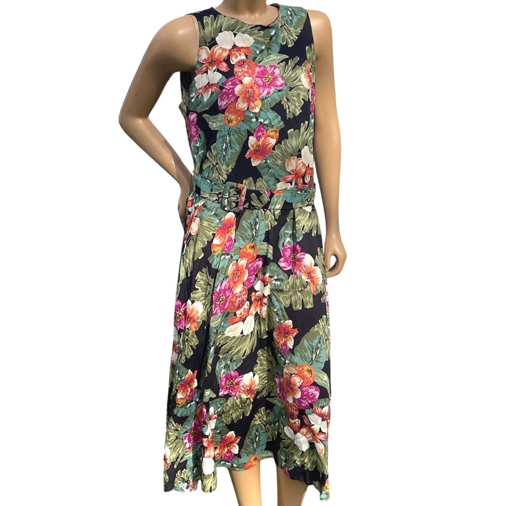 Vintage Caliche 90s Black Tropical Floral Sleeveless Belted Midi Dress 14